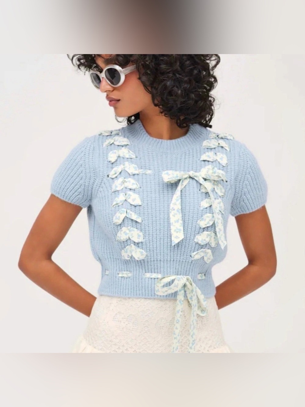 For Love & Lemons Floral Ribbon Knit Sweater